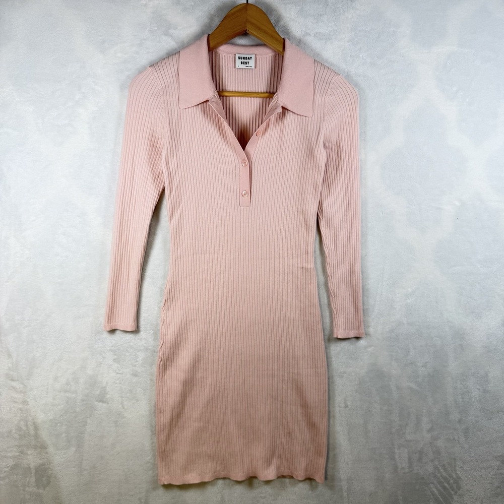 Sunday Best Aritzia Ribbed Knit Dress Women Size Small Pink Polo Long Sleeve